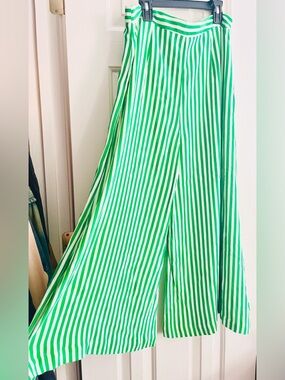 Anthropologie Green and White Striped Wide Leg Pants
